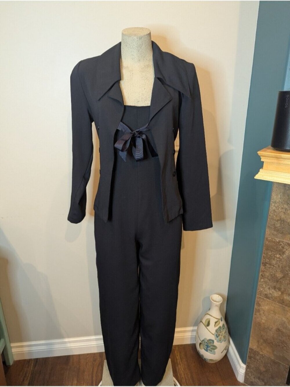 Vintage 80s Le Chateau Pantssuit Black overalls & satin Bow Jacket size S, Rare